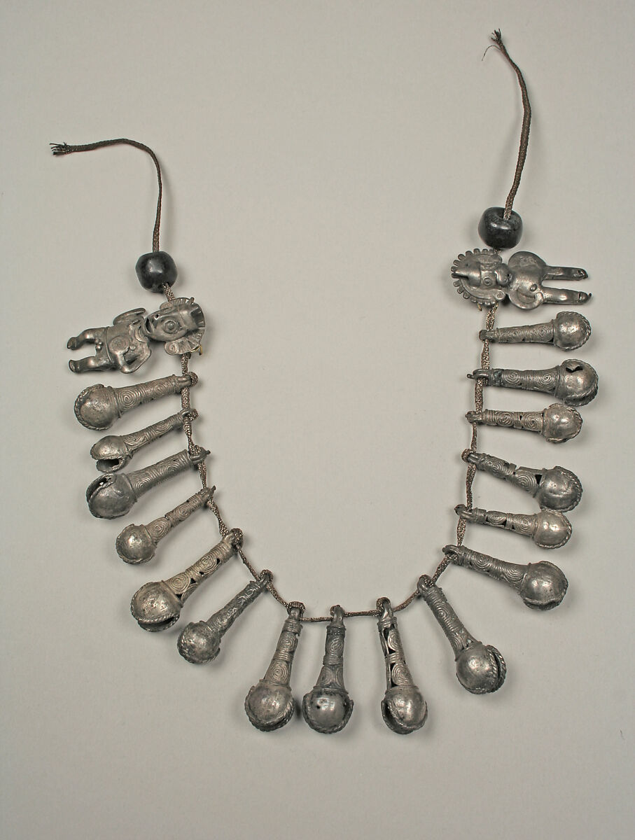 Necklace with bells and two figures, Silver, Peruvian 