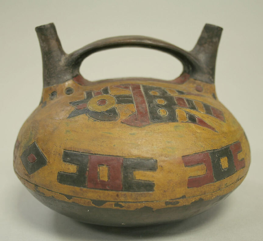 Double Spout and Bridge Bottle, Ceramic, pigment, Paracas