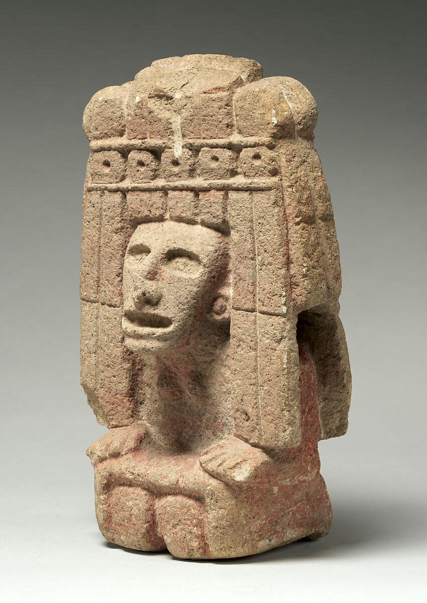 Kneeling female figure with tasseled headdress, Mexica artist(s), Basalt, red pigment, Mexica (Aztec)