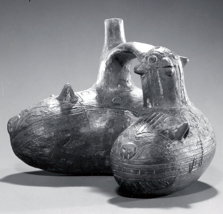 Bridge and Spout Bottle, Ceramic, pigment, Paracas