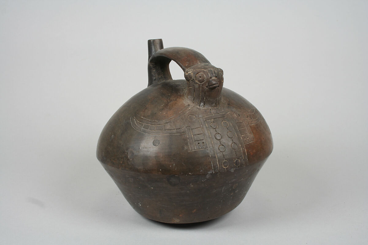 Bridge and Spout Bottle with Bird, Ceramic, pigment, Paracas 