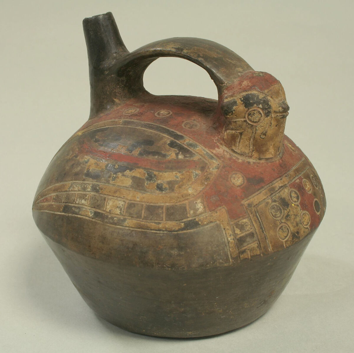 Bridge and Spout Bottle with Falcon, Ceramic, Paracas 