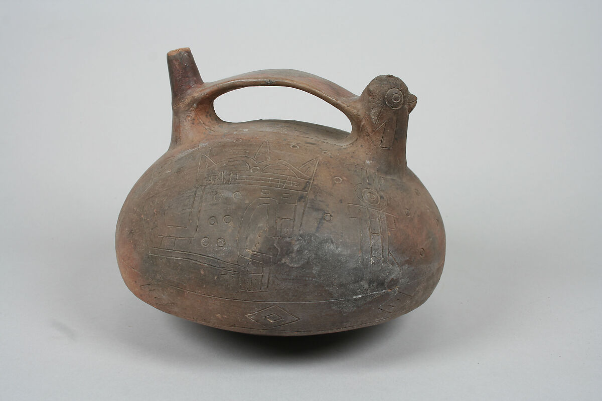 Bridge and Spout Bottle with Falcoln, Ceramic, Paracas 