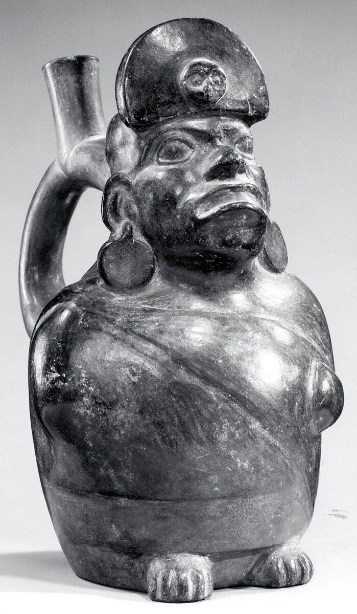 Stirrup Spout Bottle with Owl Head, Ceramic, slip, Moche