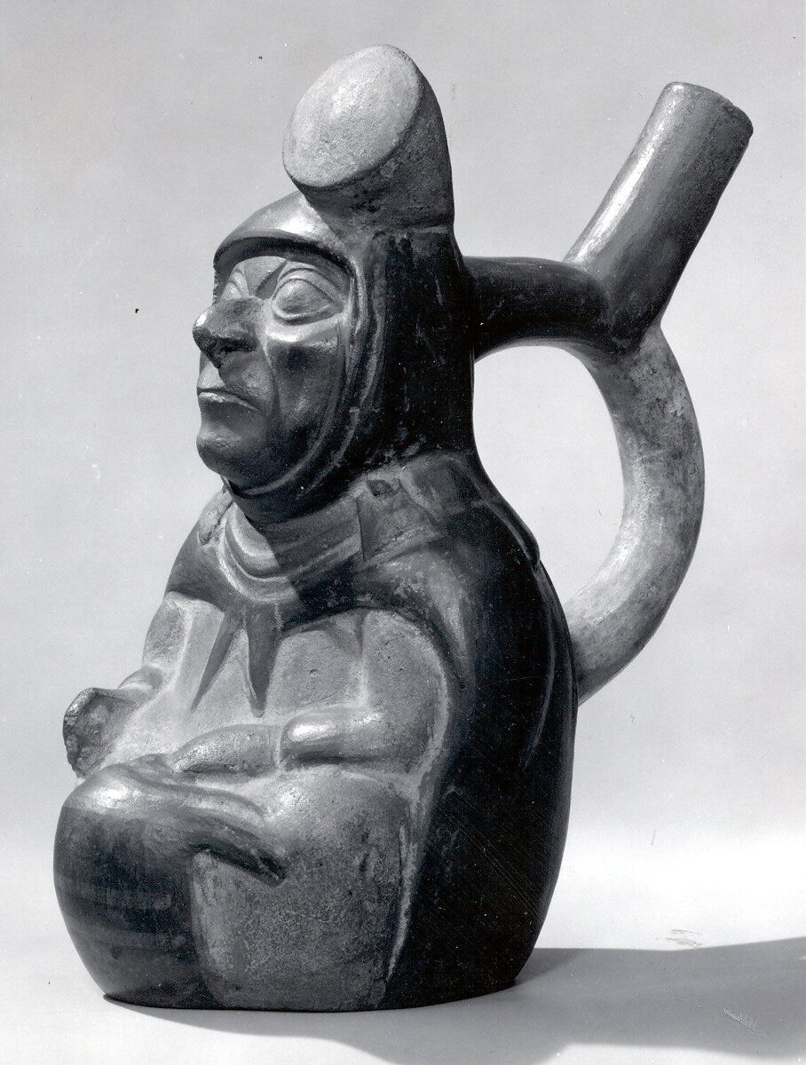 Stirrup Spout Bottle with Seated Figure, Ceramic, slip, Moche
