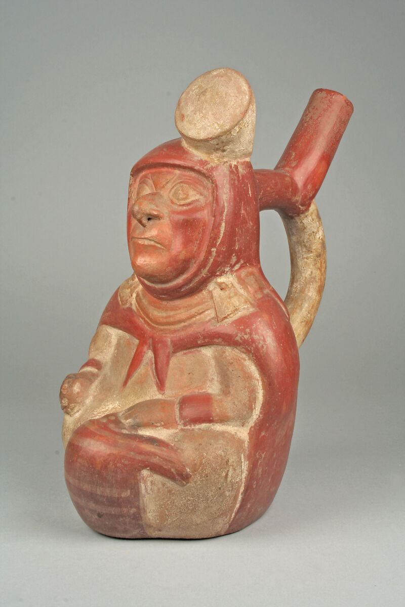 Stirrup Spout Bottle with Seated Figure, Ceramic, slip, Moche