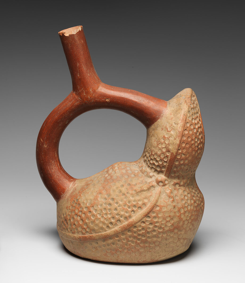 Stirrup-spout bottle with peanut figure, Moche artist(s), Ceramic, slip, Moche