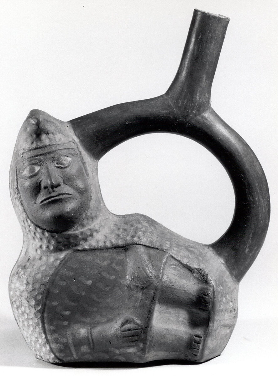 Stirrup-spout bottle with peanut figure, Moche artist(s), Ceramic, slip, Moche