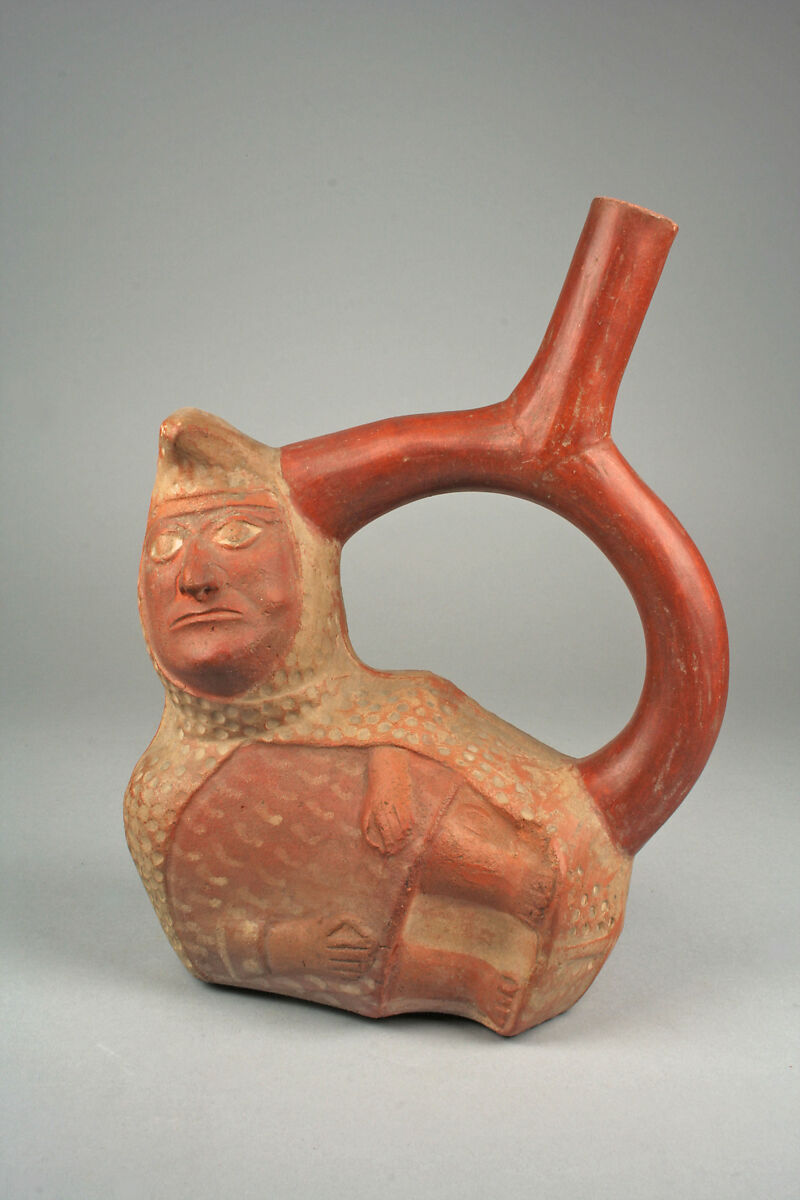 Stirrup spout bottle with peanut figure, Moche artist(s), Ceramic, slip, Moche 