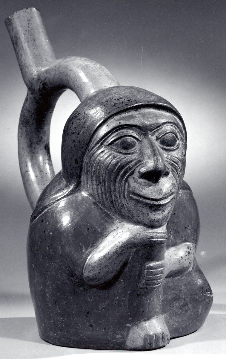 Stirrup Spout Bottle with Wrinkled Face, Ceramic, slip, Moche