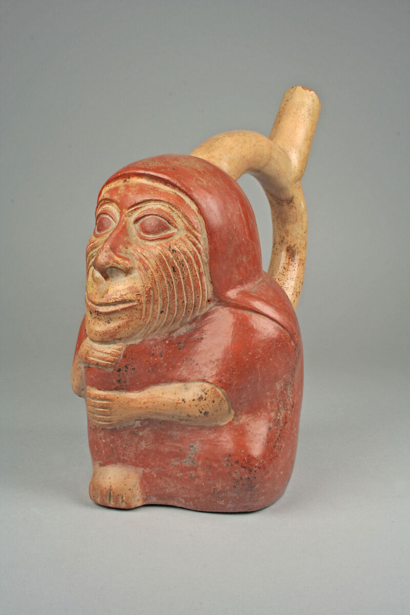 Stirrup Spout Bottle with Wrinkled Face, Ceramic, slip, Moche 