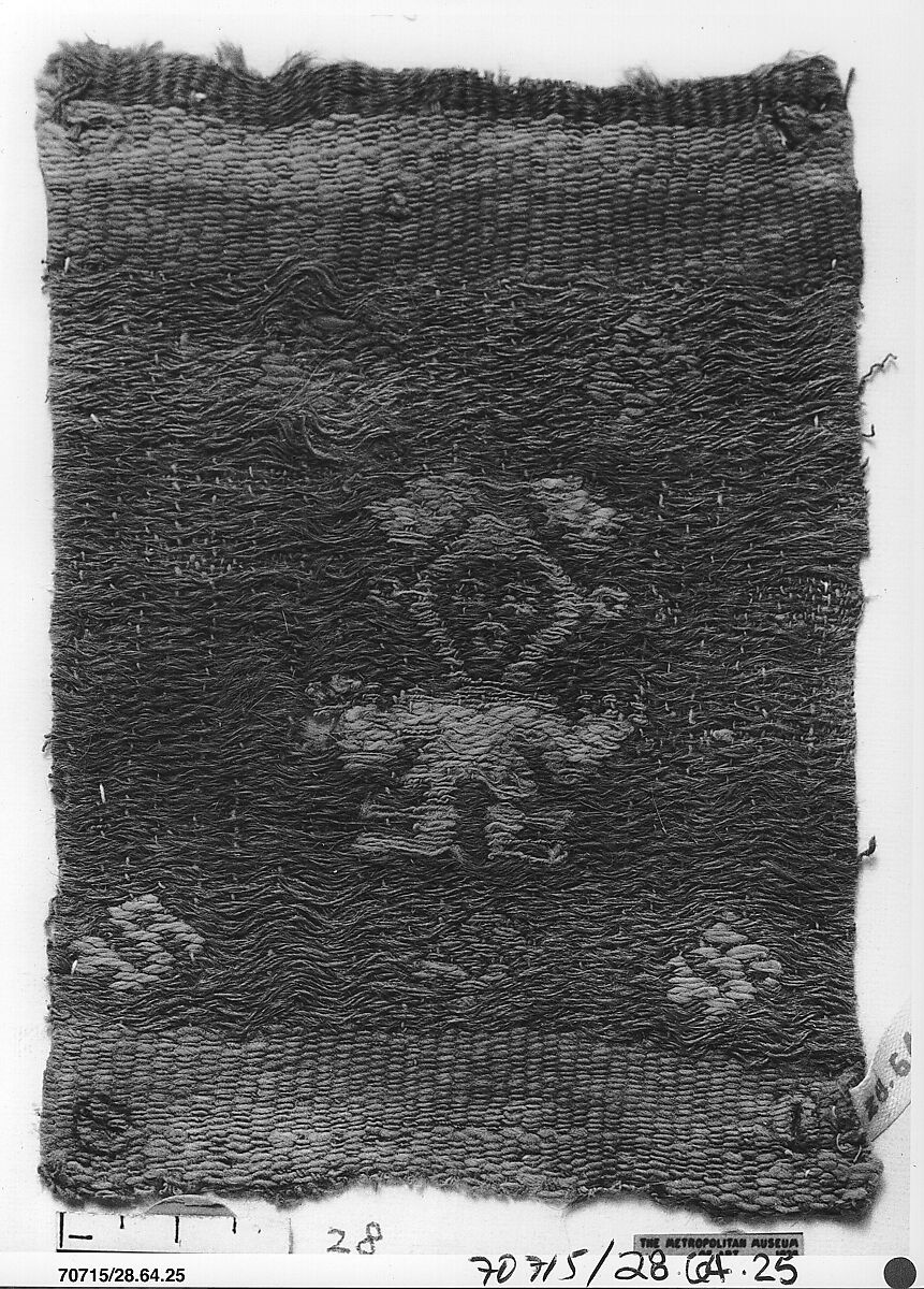 Brocade Fragment with Plumed Figure, Camelid hair, cotton, Chimú 