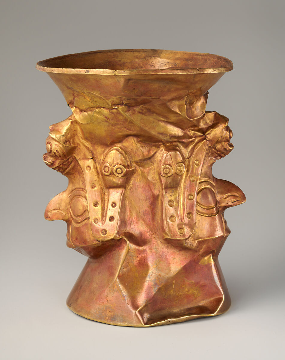 Beaker with faces, snakes, and pumas, Inca artist(s), Gold, Chimú