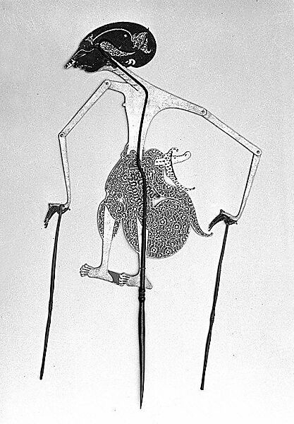 Shadow Puppet (Wayang Kulit), rawhide, horn, pigments including gold, with binder, plant fiber, Javanese 