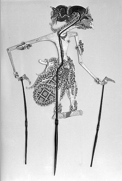 Shadow Puppet (Wayang Kulit), rawhide, horn, pigments including gold, with binder, plant fiber, Javanese 
