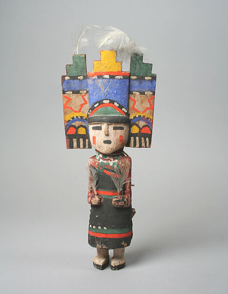 Katsina with stepped headdress, Wood, paint, feathers, cloth, Hopi 