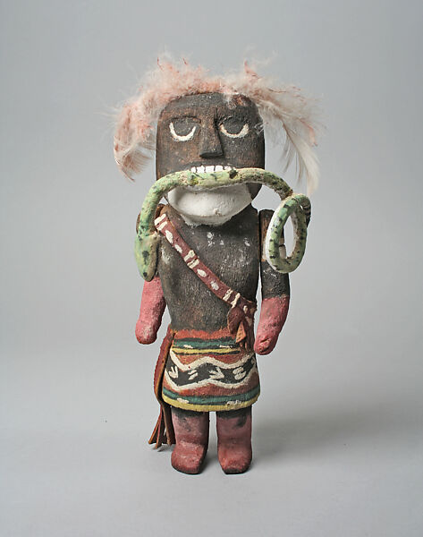 Katsina with snake, Wood, leather, paint, cloth, feathers, Hopi 