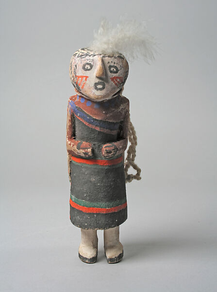 Katsina doll with white feather tuft, Wood, paint, feathers, cloth, Hopi 