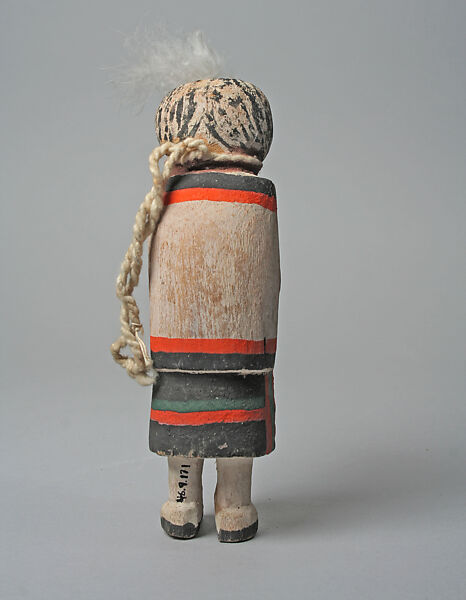 Katsina doll with white feather tuft, Wood, paint, feathers, cloth, Hopi
