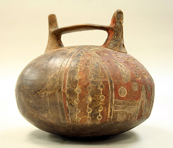 Painted bridge and spout bottle, Ceramic, pigment, Paracas