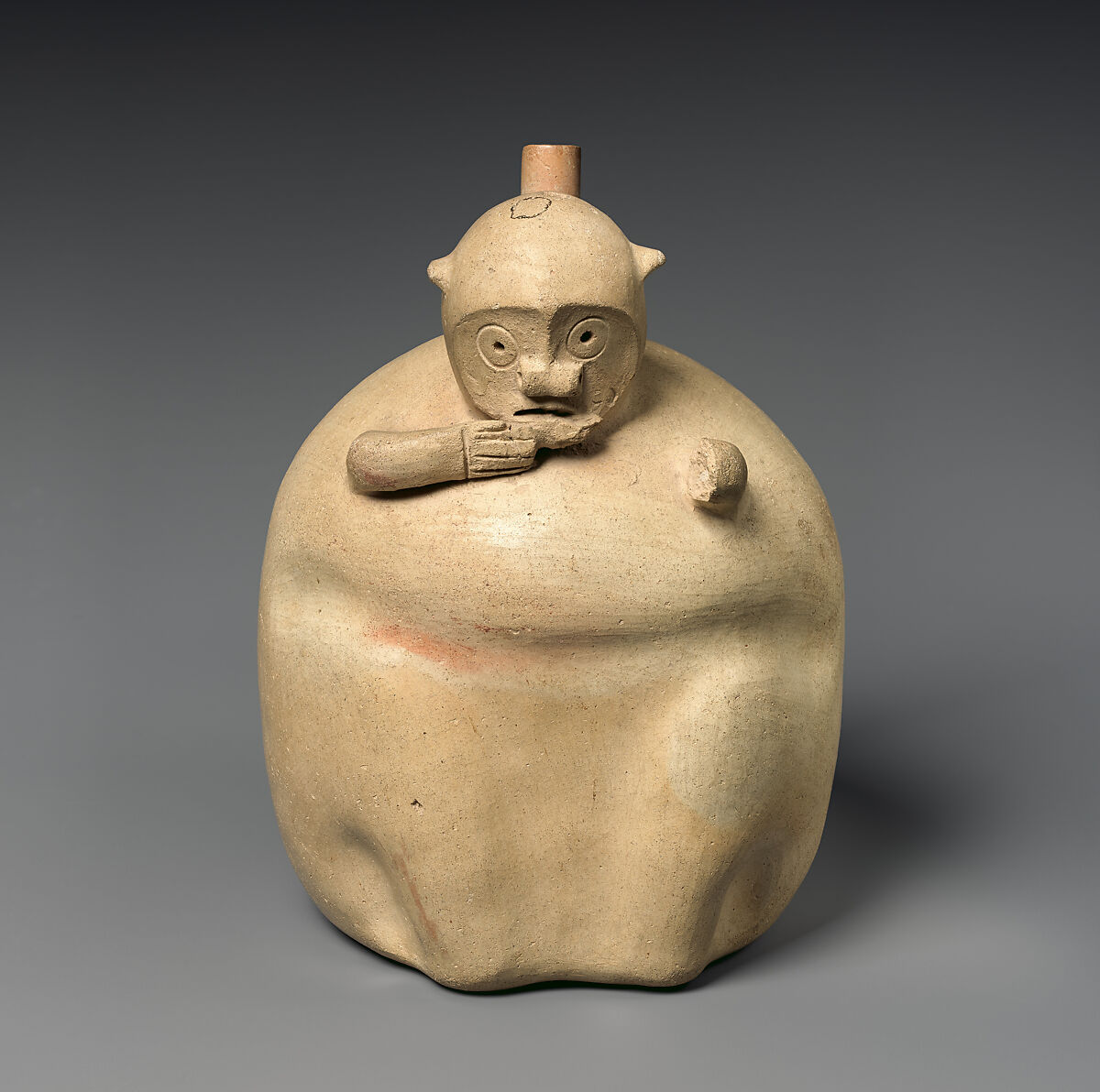 Monkey-shaped spout-and-bridge bottle, Topará artist(s), Ceramic, slip, Topará