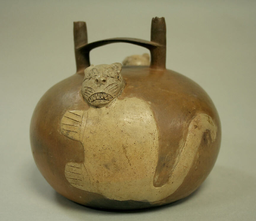 Double Spout Bottle, Felines, Ceramic, pigment, Topará 