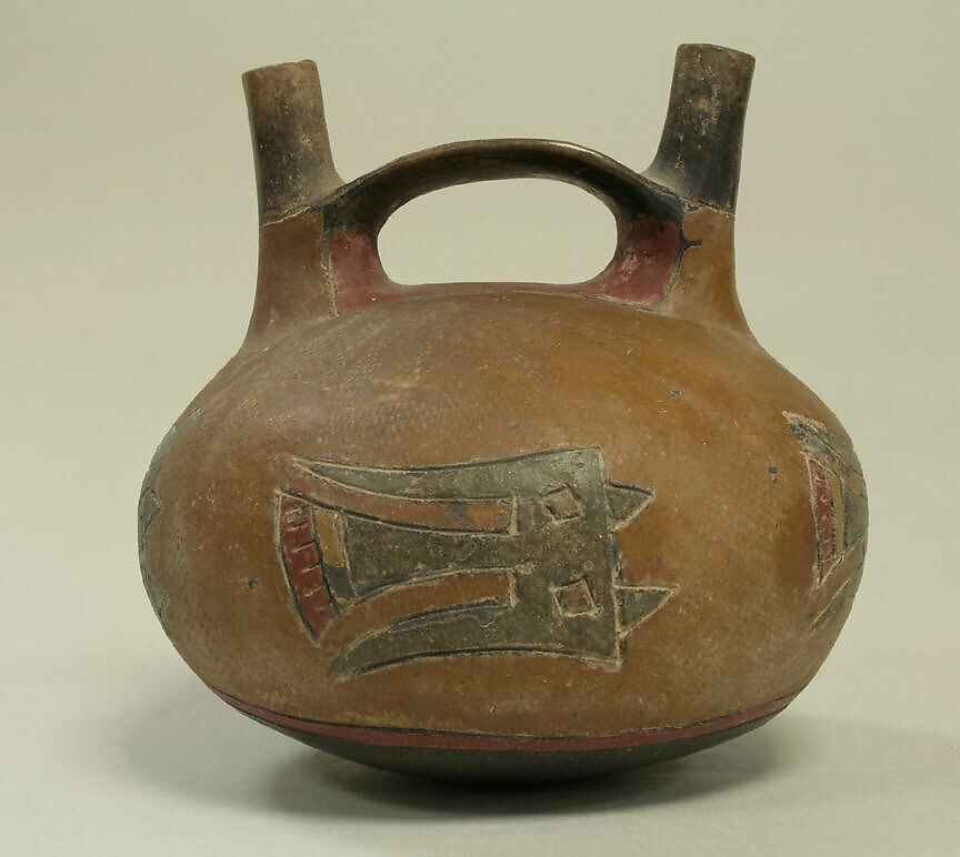 Double spout and bridge bottle with birds, Ceramic, pigment, Paracas 