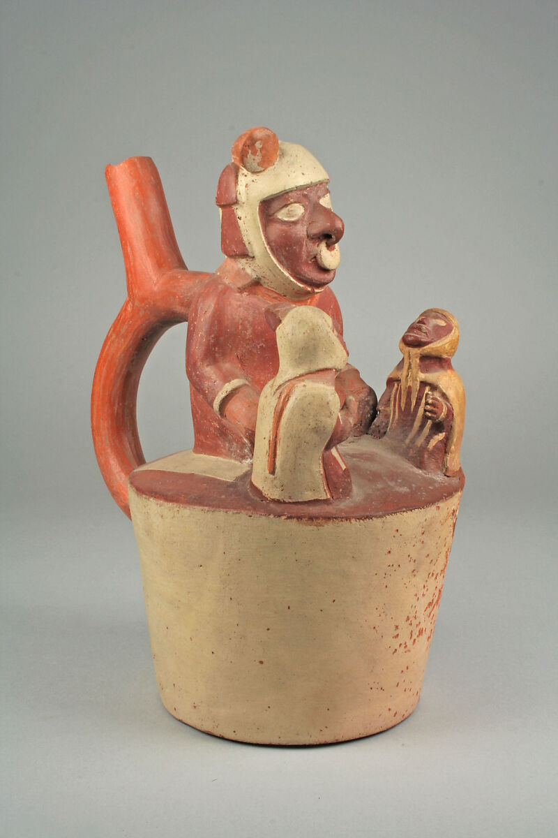 Bottle with figures, Ceramic, pigment, Moche 
