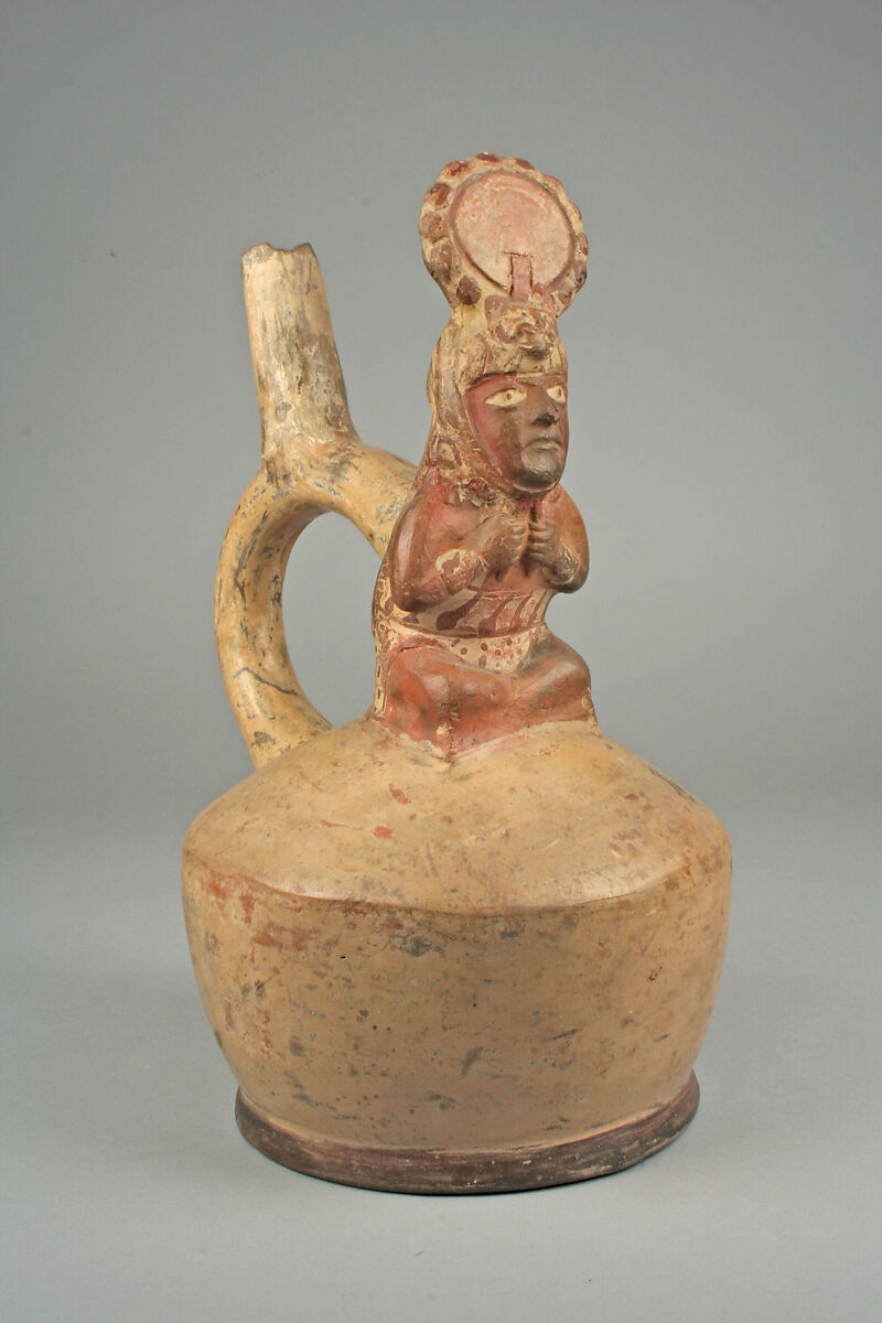 Stirrup spout bottle with figure, Ceramic, pigment, Moche 