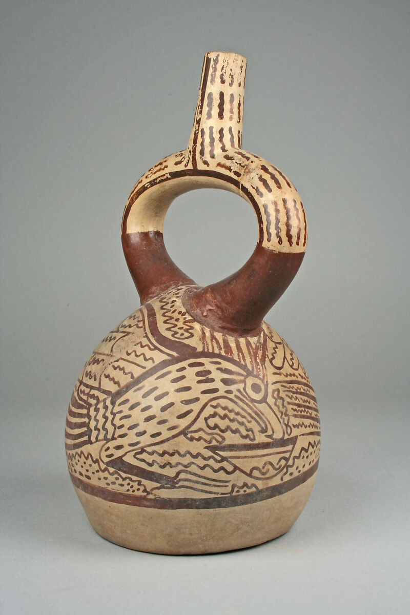 Stirrup spout bottle with hawk, Ceramic, pigment, Moche 