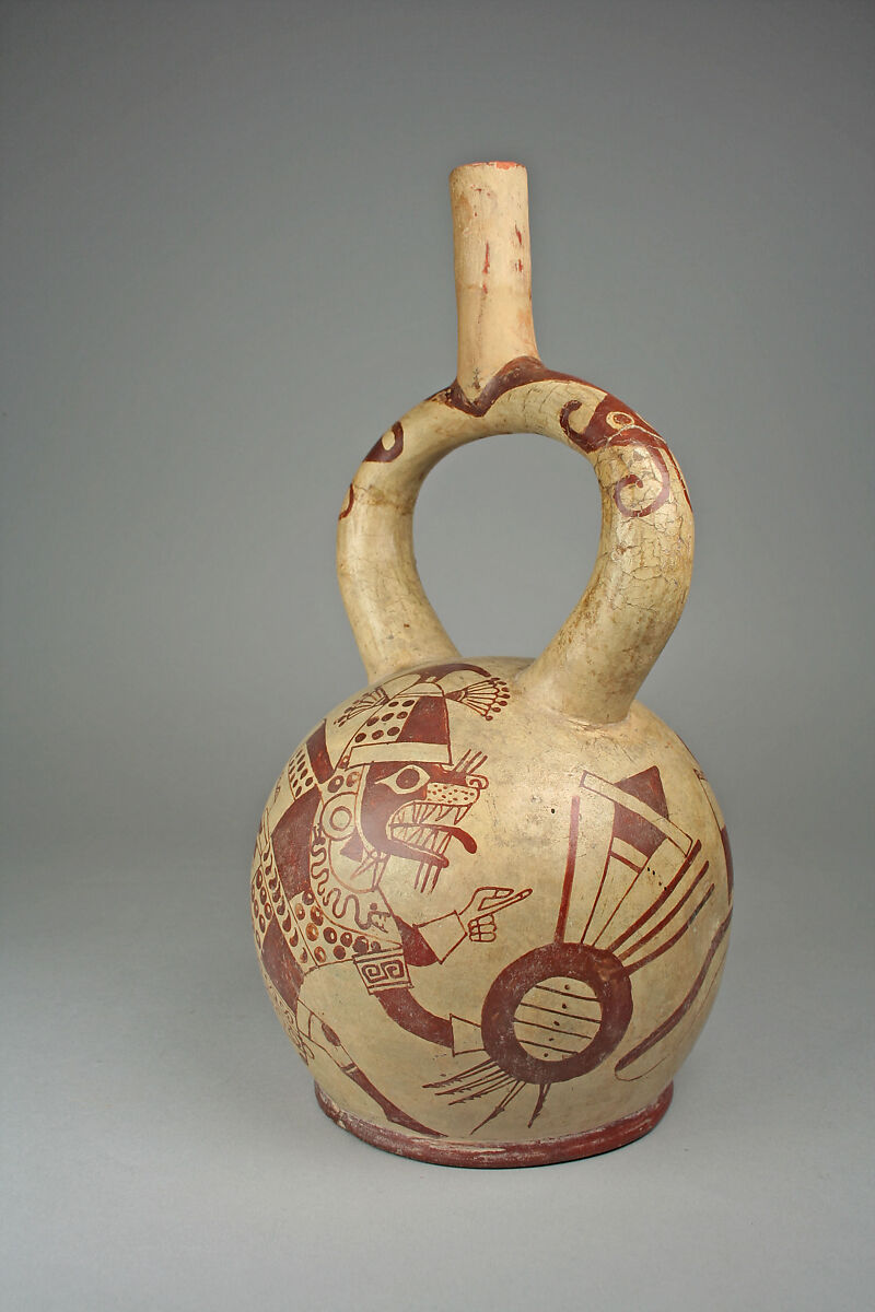 Stirrup spout bottle with fox warrior figure, Ceramic, pigment, Moche
