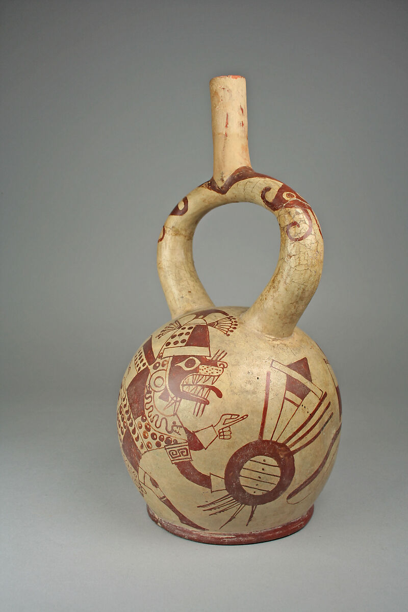 Stirrup spout bottle with fox warrior figure, Ceramic, pigment, Moche 