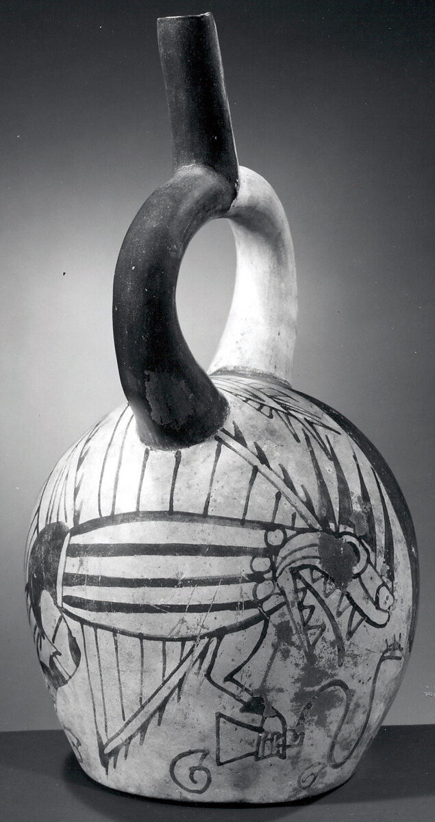 Stirrup spout bottle with fish demon and tumi, Ceramic, pigment, Moche