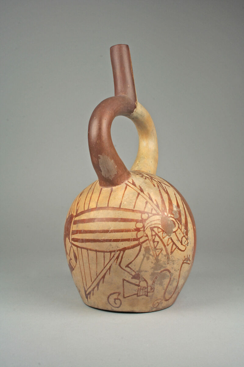 Stirrup spout bottle with fish demon and tumi, Ceramic, pigment, Moche 