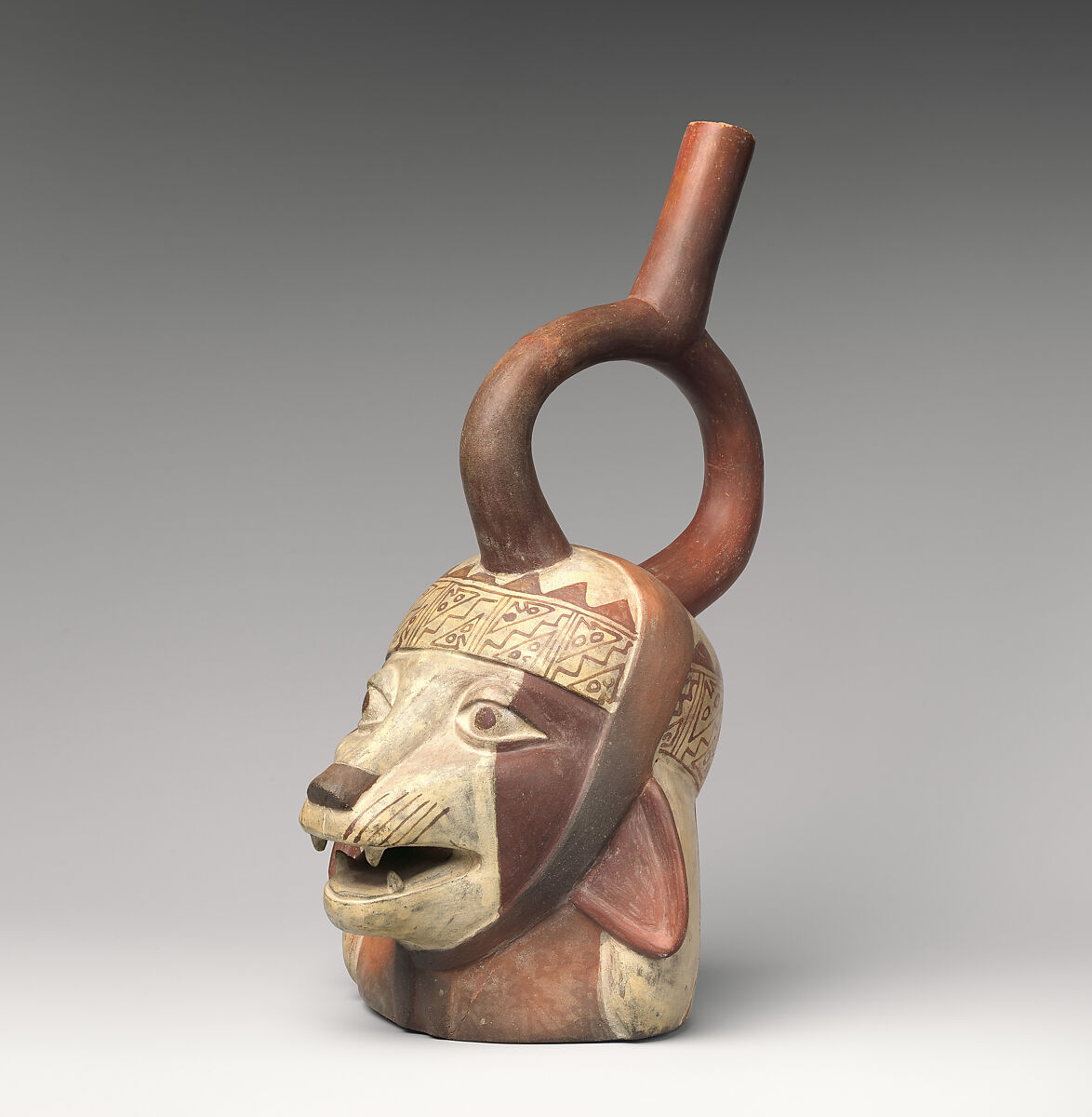 Bottle with fox head, Moche artist(s), Ceramic, slip, Moche
