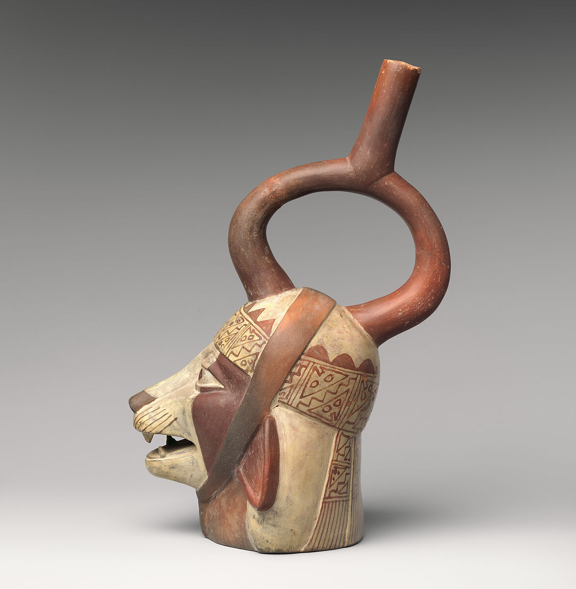 Bottle with fox head, Moche artist(s), Ceramic, slip, Moche