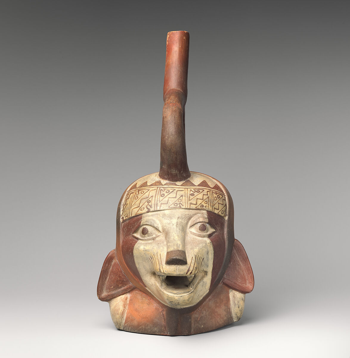 Bottle with fox head, Moche artist(s), Ceramic, slip, Moche 