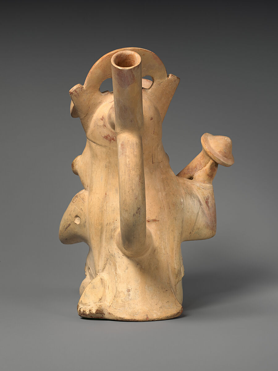 Stirrup-spout bottle with bird warrior, Moche artist(s), Ceramic, slip, Moche