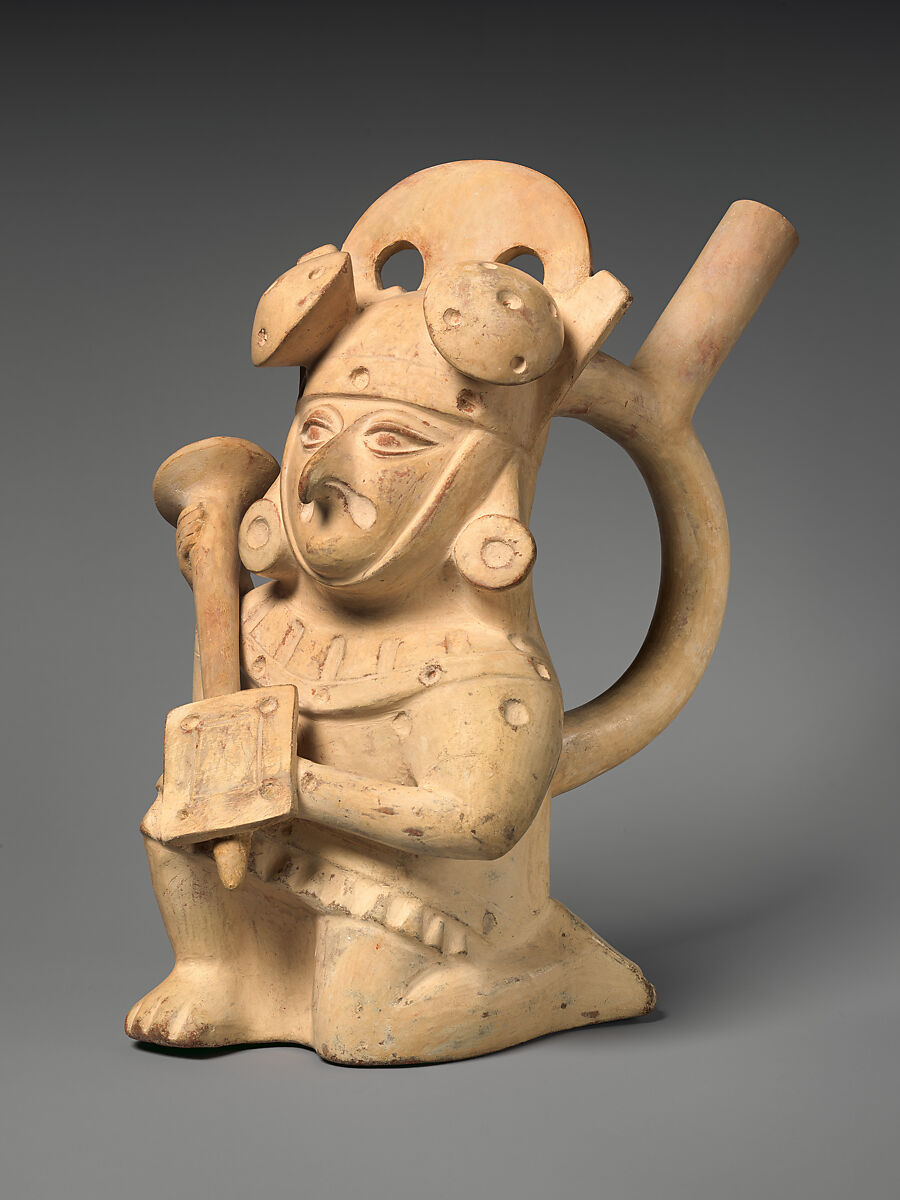 Stirrup-spout bottle with bird warrior, Moche artist(s), Ceramic, slip, Moche