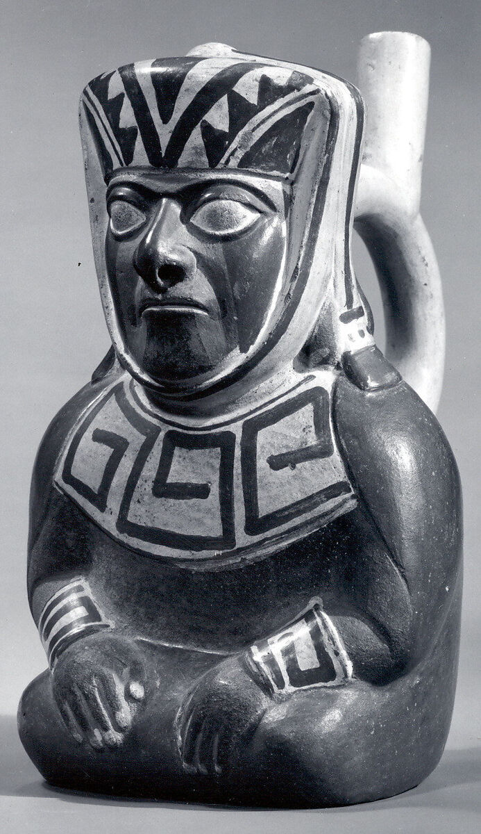 Stirrup spout bottle with dignitary figure, Ceramic, slip, Moche