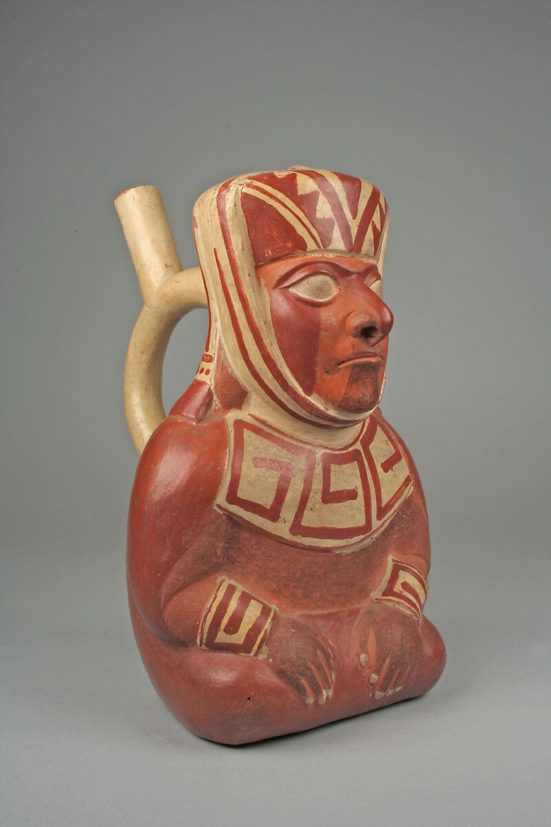 Stirrup spout bottle with dignitary figure, Ceramic, slip, Moche