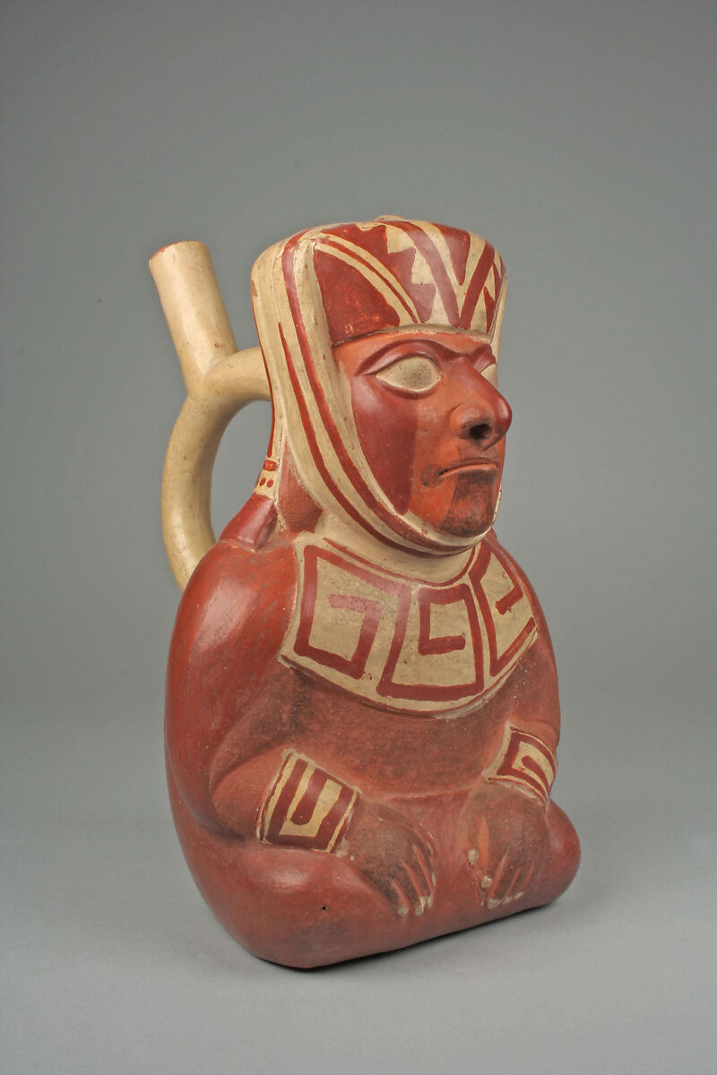 Stirrup spout bottle with dignitary figure, Ceramic, slip, Moche 