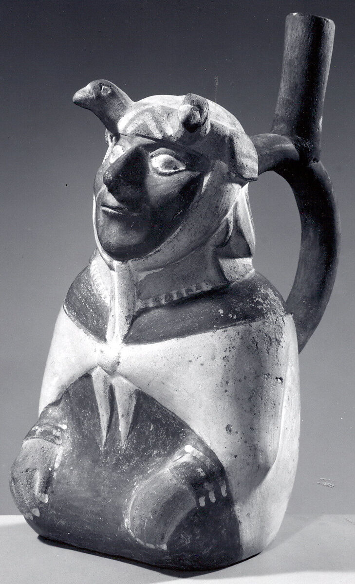 Stirrup spout bottle with dignitary figure, Ceramic, slip, Moche