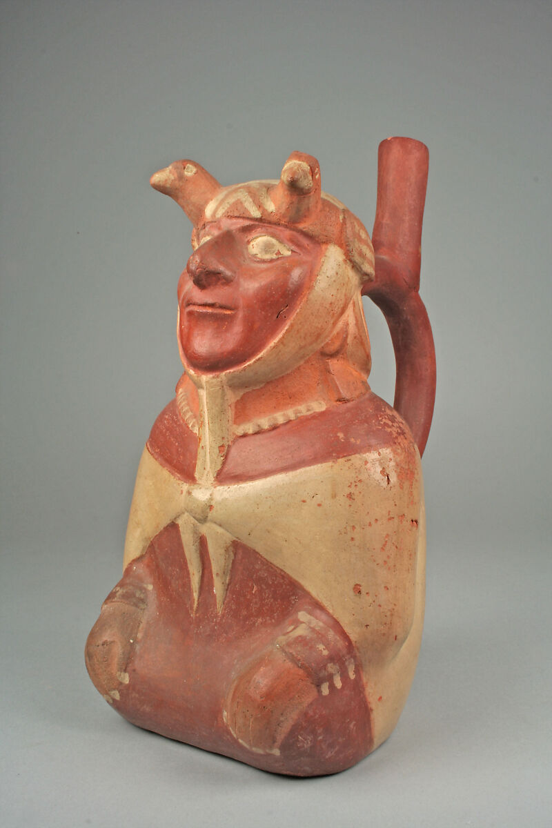 Stirrup spout bottle with dignitary figure, Ceramic, slip, Moche 