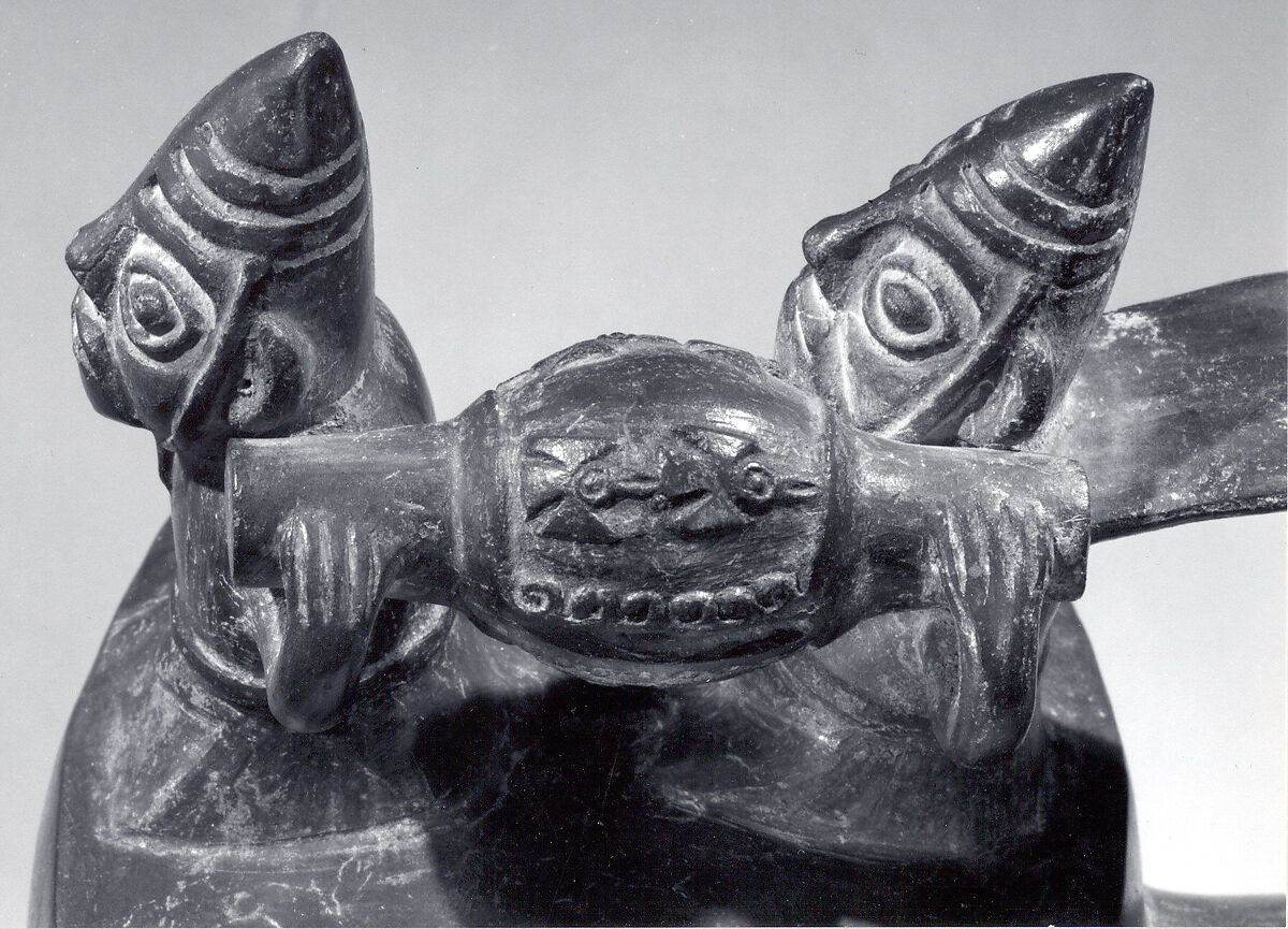 Spout-and-bridge bottle with funerary procession, Chimú artist(s), Ceramic, Chimú