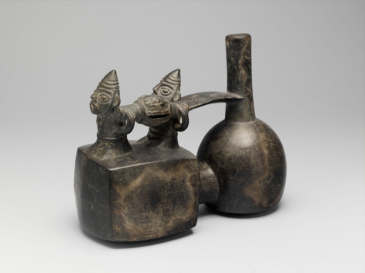 Spout-and-bridge bottle with funerary procession, Chimú artist(s), Ceramic, Chimú 