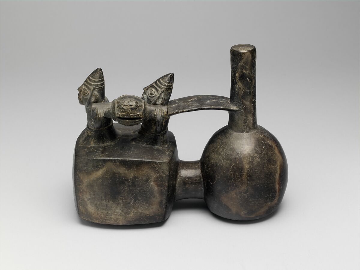 Spout-and-bridge bottle with funerary procession, Chimú artist(s), Ceramic, Chimú