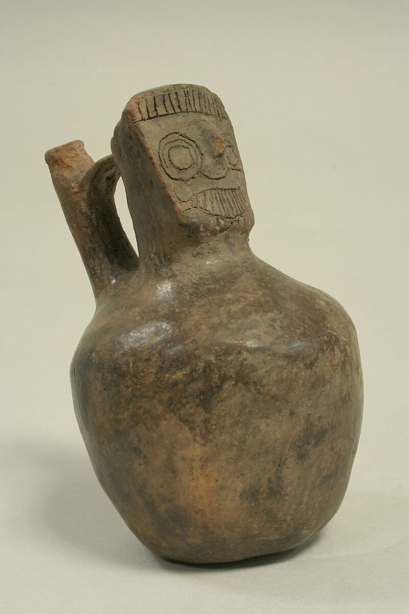 Bridge and Spout Bottle with Head, Ceramic, Paracas 