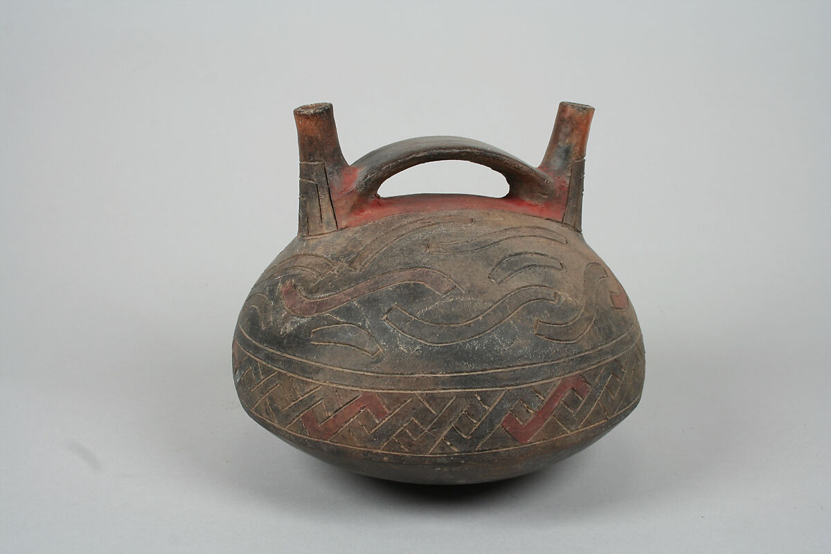 Double Spout and Bridge Bottle with "S" Designs, Ceramic, Paracas 