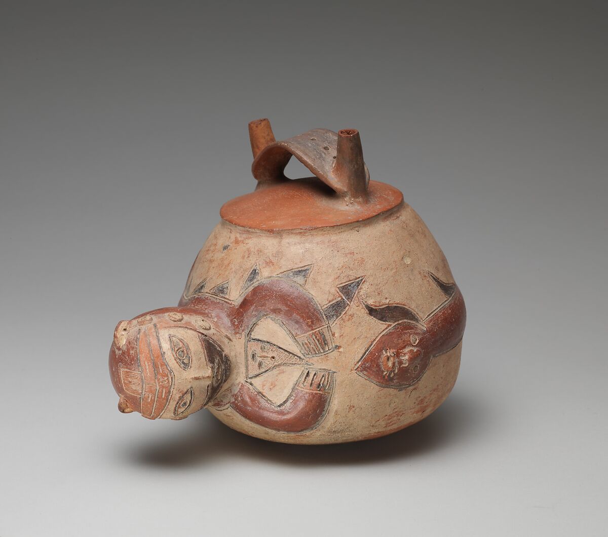 Double-spout bottle with monkey, Paracas artist(s), Ceramic, slip, Paracas 